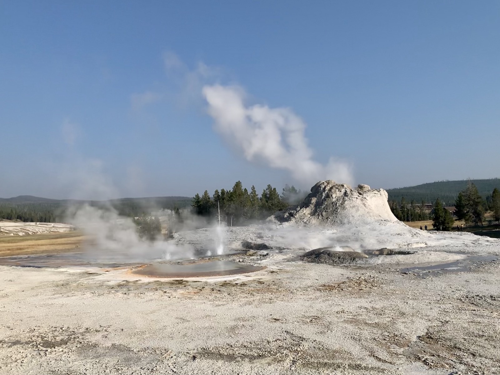 白く盛り上がった噴出口から絶えず湯気が立ちのぼる間欠泉地帯