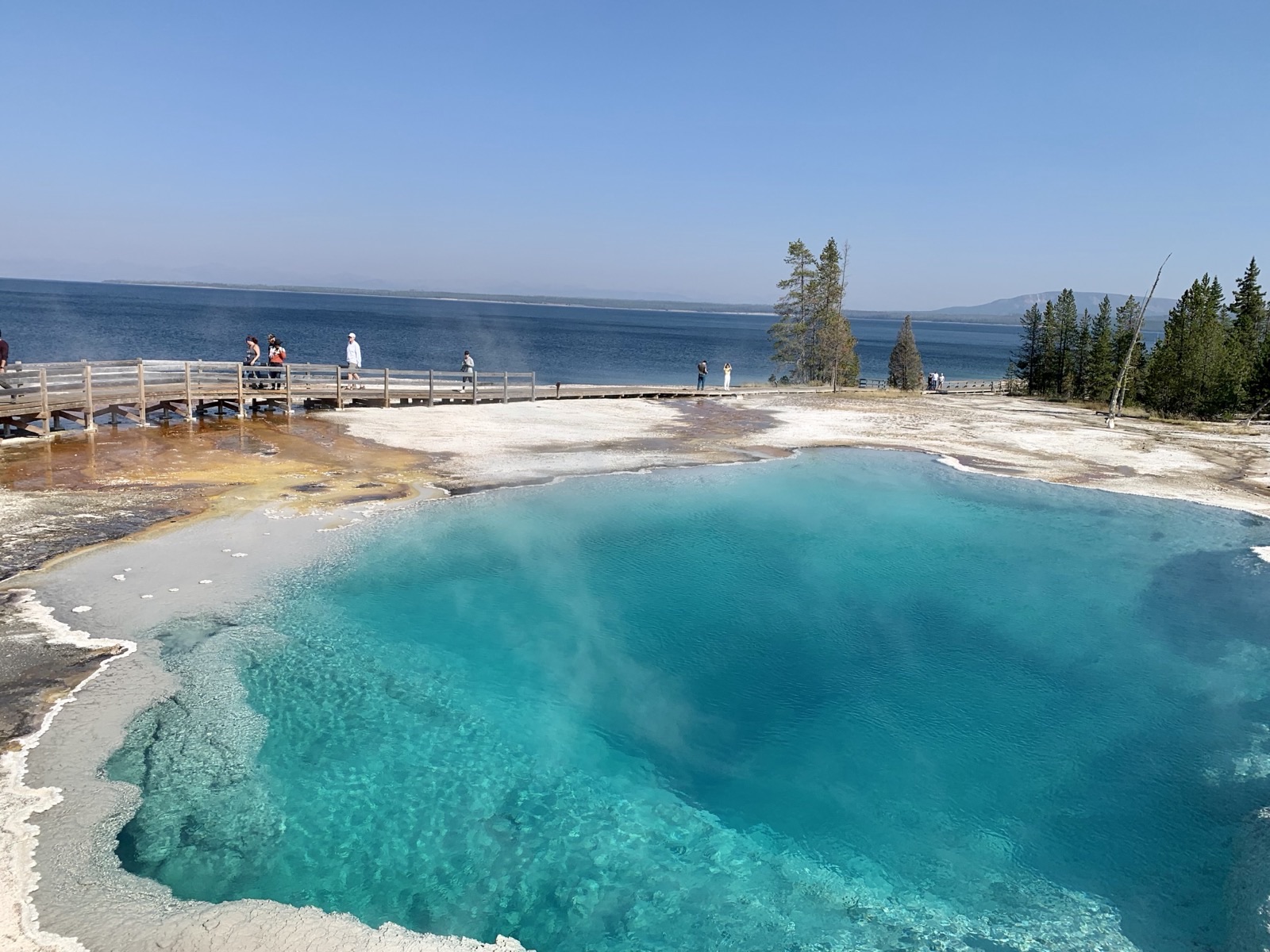 イエローストーン湖畔に広がる青い温泉と木道を歩く観光客